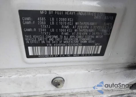 2013 Subaru Outback 2.5I Limited from USA, damaged, VIN 4S4BRBKC1D3304620